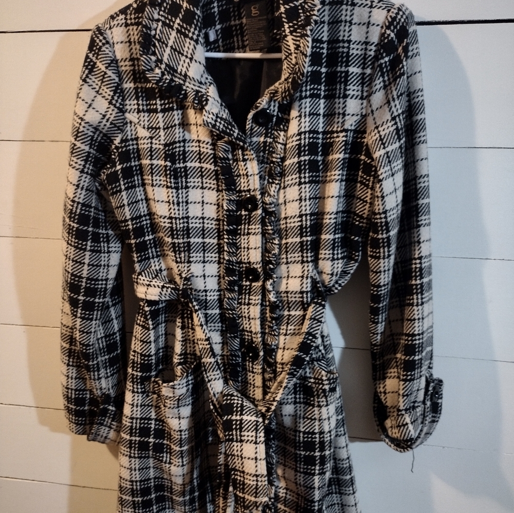 Grass Collection Ruffle Checked Plaid Tan Black Button Down Coat M - Picture 7 of 7